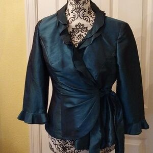 Alex Evenings  Womens  Blue Ruffle Collar Formal   Tie Front Jacket  Size SP